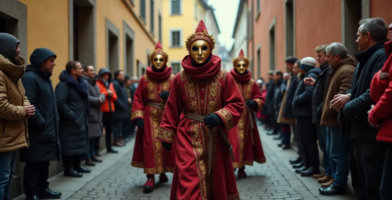 Basler Fasnachtsclique mit einheitlichen Kostümen und Larven beim Gässle