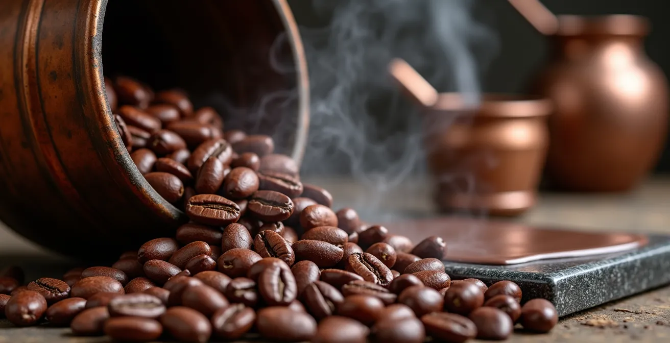 Handwerkliche Schokoladenproduktion mit Kakaobohnen und traditionellen Werkzeugen