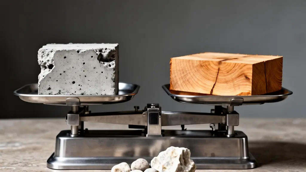 Symbolisches Stillleben: Betonstueck und Holzstueck liegen auf einer fein ausbalancierten Waage als Metapher fuer graue Energie und Klimabilanz.