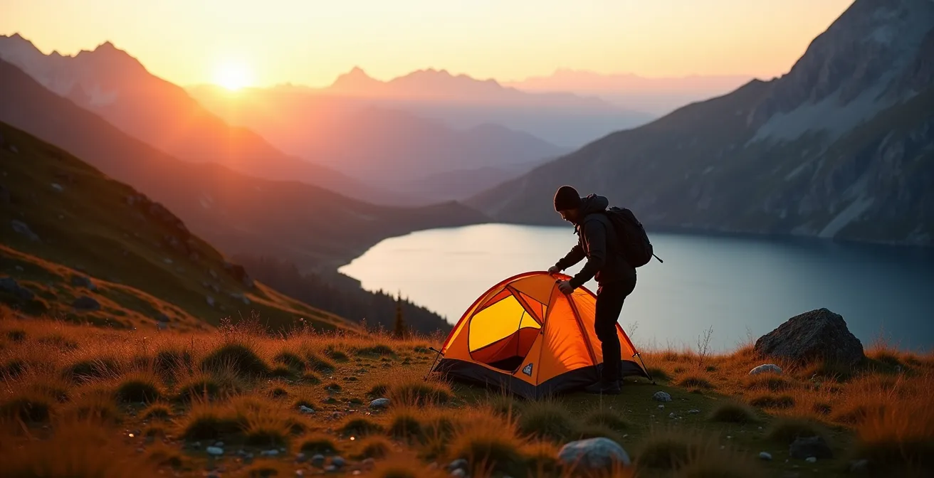 Minimalistisches Biwakzelt oberhalb der Waldgrenze an einem Schweizer Bergsee bei Sonnenuntergang