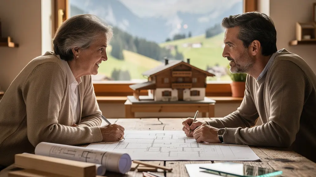 Beratungsgespräch zwischen Denkmalpfleger und Bauherr über historische Baupläne