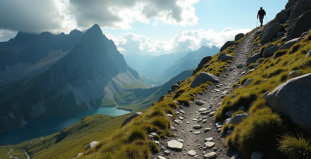 Schmaler T3-Wanderweg führt über Geröllfeld zu einsamem Bergsee in den Schweizer Alpen