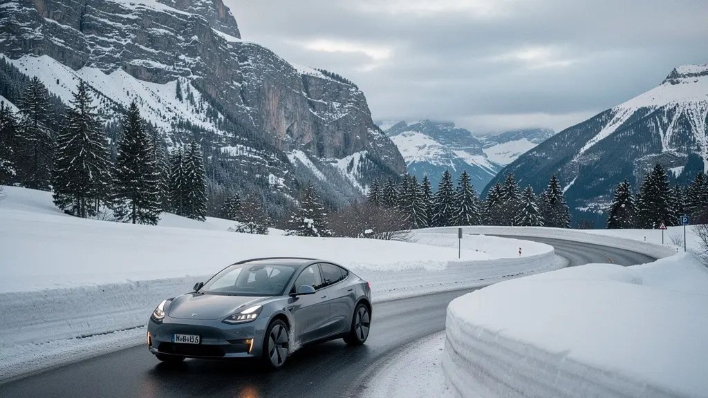 Elektroauto auf verschneiter Alpenstrasse in Richtung Engadin bei winterlichen Bedingungen