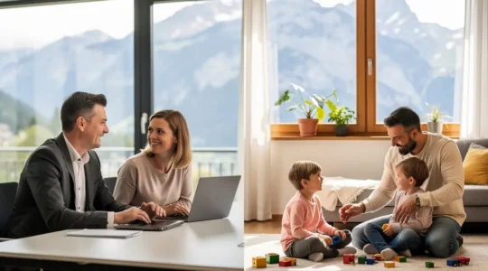 Eltern in modernem Büroumfeld und zu Hause mit Kindern in der Schweiz