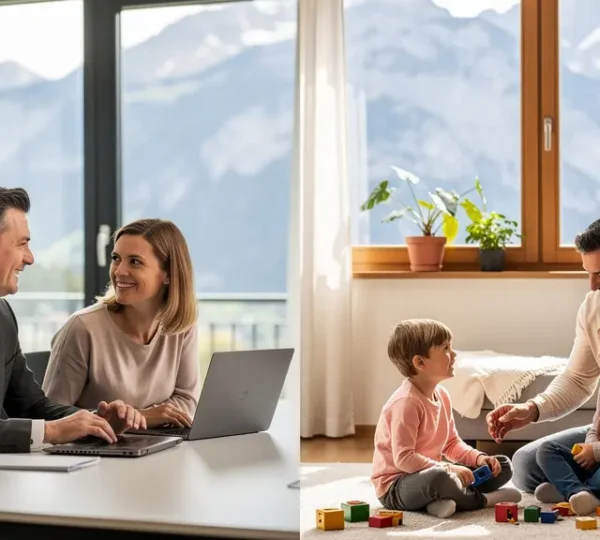 Eltern in modernem Büroumfeld und zu Hause mit Kindern in der Schweiz