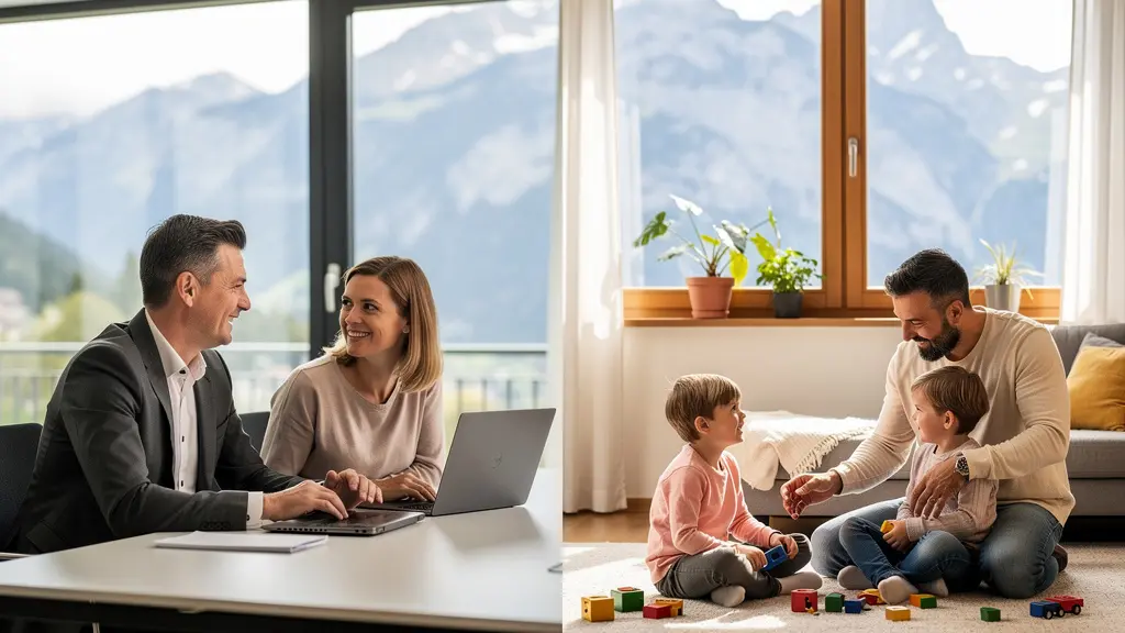 Eltern in modernem Büroumfeld und zu Hause mit Kindern in der Schweiz