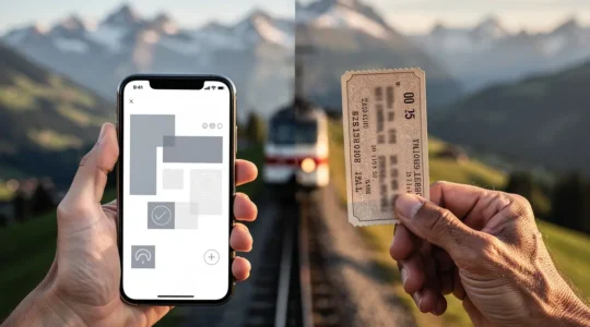 Smartphone mit Fairtiq-App und traditionelles Papierticket im Vergleich vor Schweizer Bergpanorama