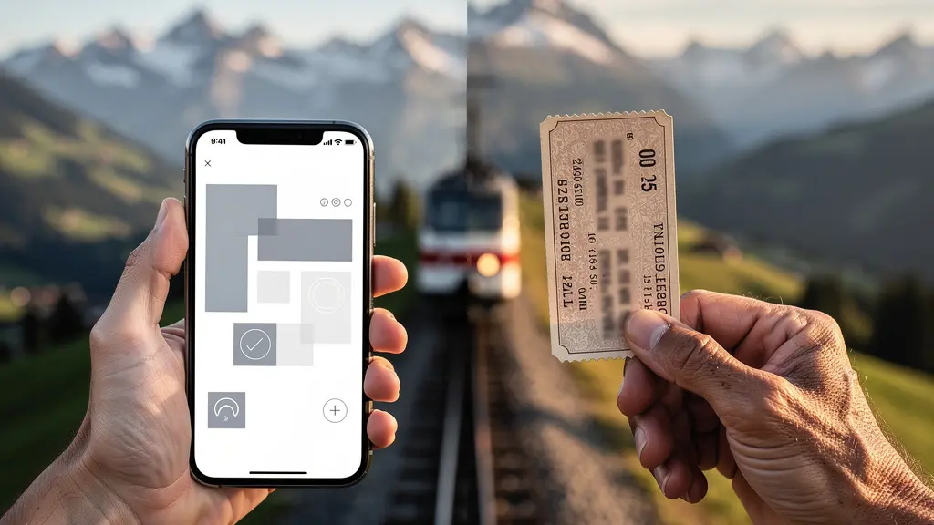 Smartphone mit Fairtiq-App und traditionelles Papierticket im Vergleich vor Schweizer Bergpanorama