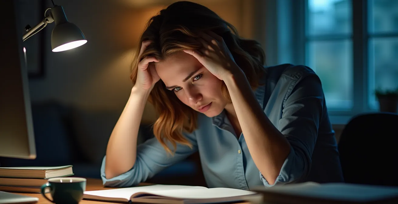 Gestresster Berufstätiger am späten Abend mit Studienmaterialien im Homeoffice