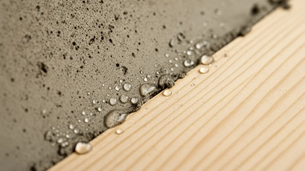 Makroaufnahme einer Lehmputzoberflaeche neben unbehandeltem Holz, die die feinen Poren und die Materialstruktur als natuerlichen Feuchtepuffer zeigt.