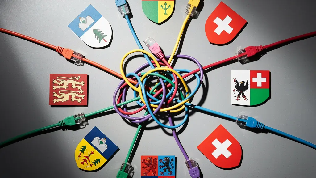 Visuelle Darstellung der kantonalen IT-System-Unterschiede, die den Föderalismus-Flaschenhals symbolisieren.