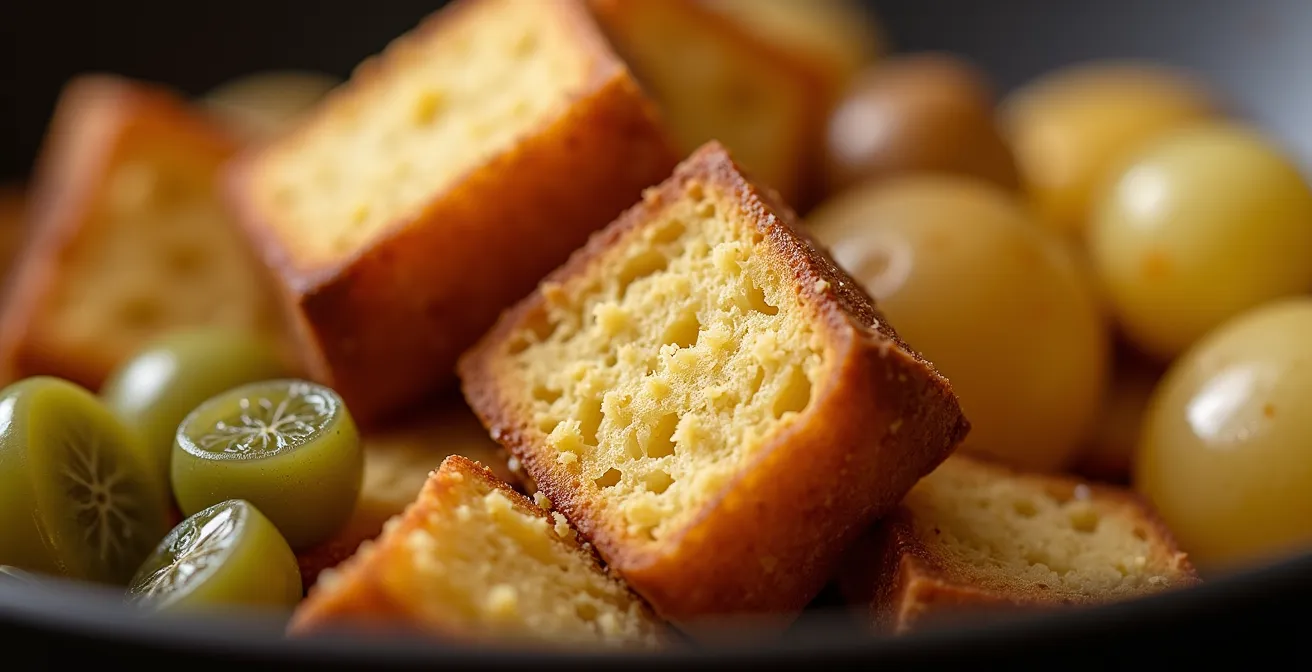 Traditionelle Fondue-Beilagen wie Brotwürfel, Gschwellti und Cornichons, arrangiert auf einem rustikalen Holzbrett.