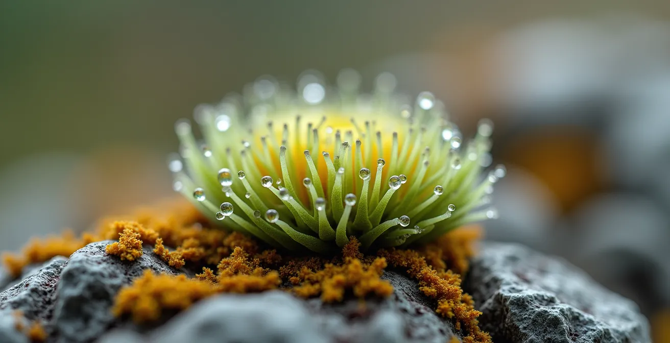 Makroaufnahme empfindlicher alpiner Polsterpflanzen und Flechten auf Moränengrund