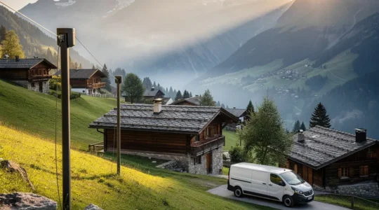 Schweizer Bergtal mit Glasfaserkabel Installation und moderner Infrastruktur