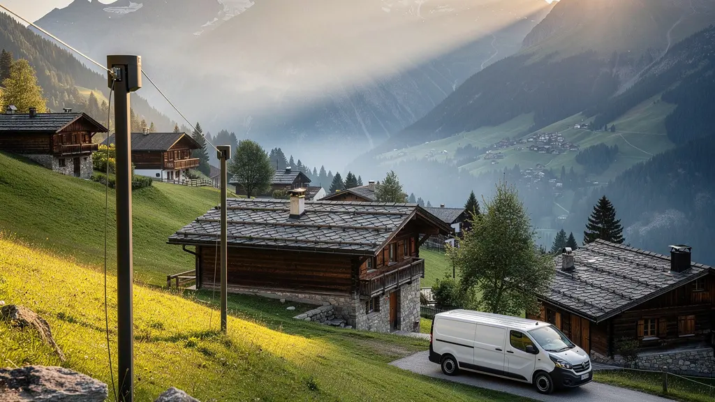 Schweizer Bergtal mit Glasfaserkabel Installation und moderner Infrastruktur