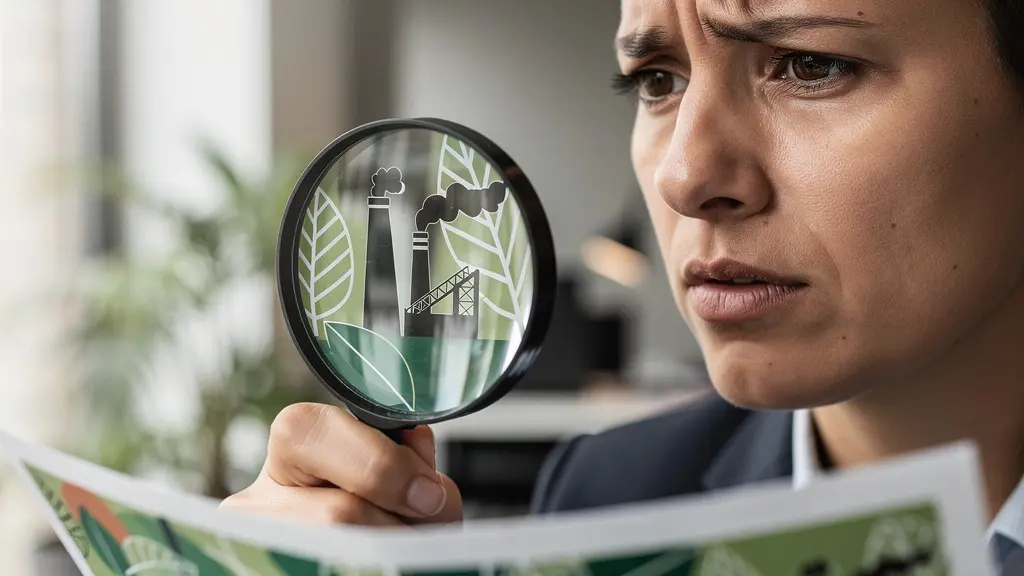 Grüne Blätter mit versteckten industriellen Elementen symbolisieren Greenwashing