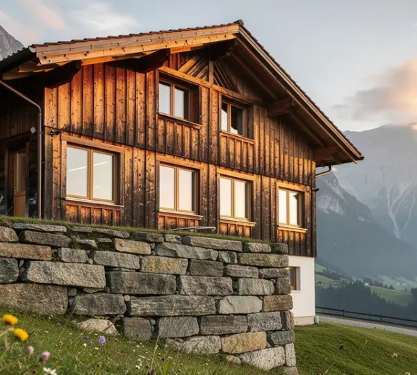 Traditionelles Schweizer Bauernhaus mit modernen Fenstern und historischer Fassade