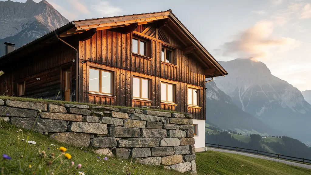 Traditionelles Schweizer Bauernhaus mit modernen Fenstern und historischer Fassade