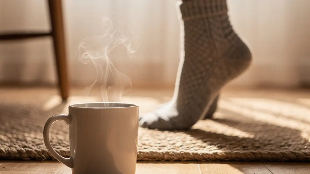 Dampfende Kaffeetasse auf einem Holzboden neben verschwommenen Hausschuhen als Symbol für die Unfallrisiko-Grauzone im Homeoffice