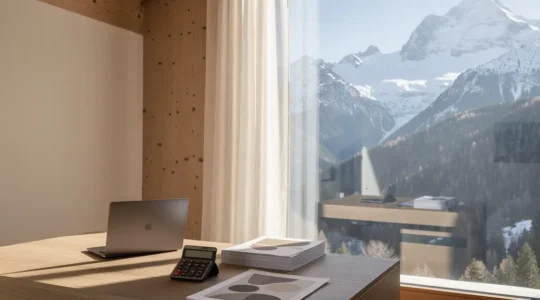 Modernes Heimbüro mit Steuerunterlagen und Schweizer Landschaft im Hintergrund