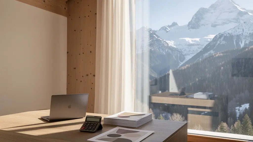 Modernes Heimbüro mit Steuerunterlagen und Schweizer Landschaft im Hintergrund