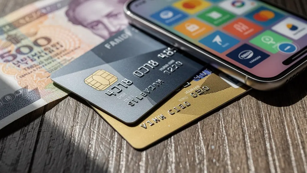 Eine Nahaufnahme zeigt eine optimale Kombination aus Bargeld, Kreditkarten und einem Smartphone als Zahlungsmittel für Reisen.