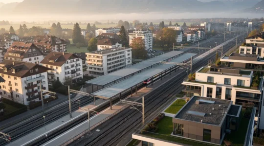 Moderne Bahnhofsumgebung mit Immobilien und IC-Zug in der Schweiz