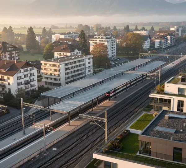 Moderne Bahnhofsumgebung mit Immobilien und IC-Zug in der Schweiz