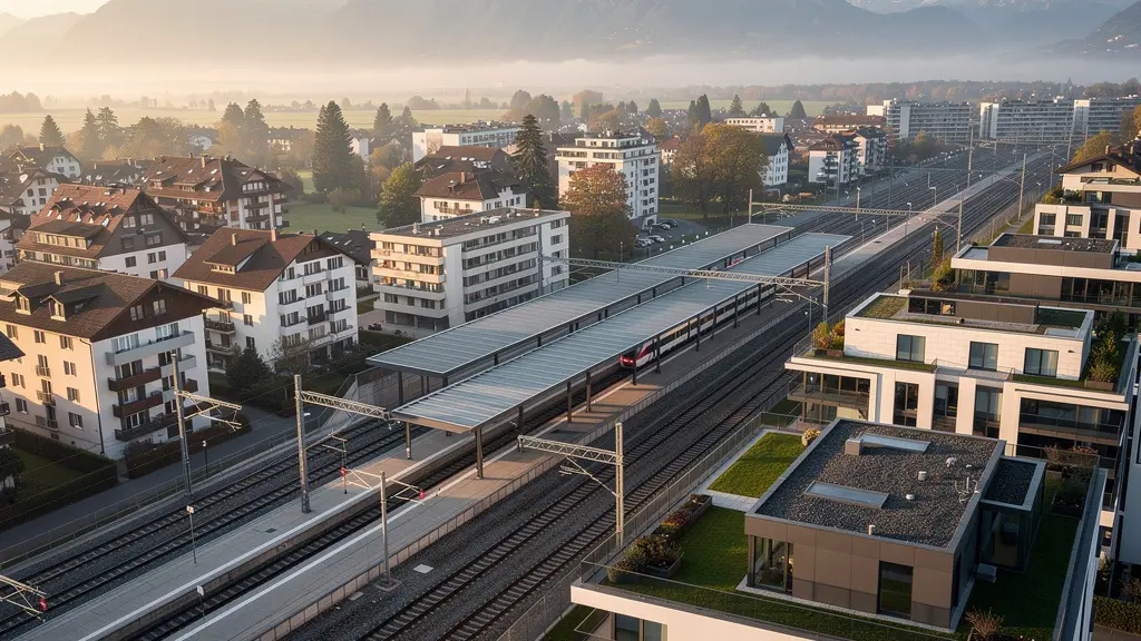 Moderne Bahnhofsumgebung mit Immobilien und IC-Zug in der Schweiz