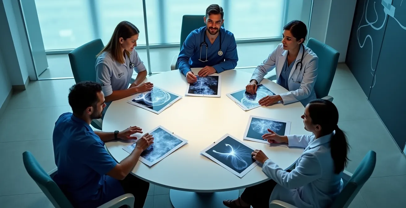 Ärzteteam verschiedener Fachrichtungen bei einer Fallbesprechung im modernen Konferenzraum