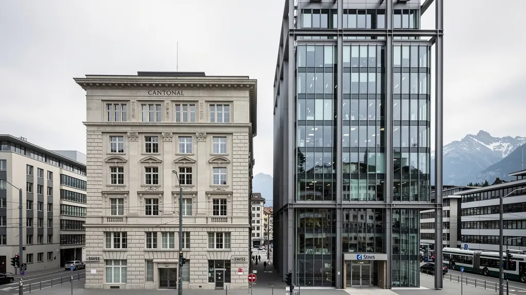 Zwei Bankgebäude nebeneinander symbolisieren Wahlmöglichkeiten für Kleinanleger