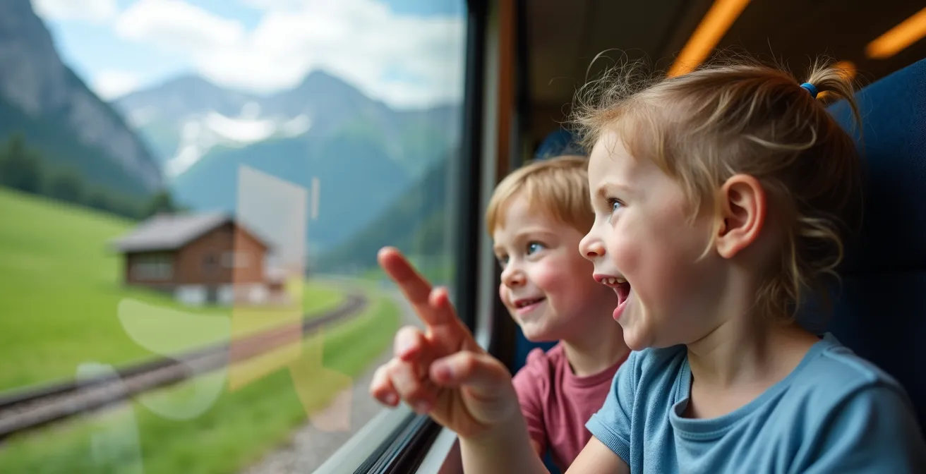 Kinder schauen aus dem Zugfenster und zeigen begeistert auf die vorbeiziehende Schweizer Berglandschaft