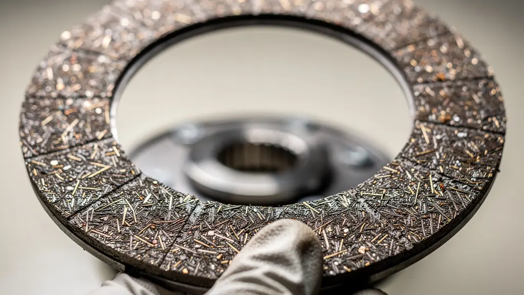 Makroaufnahme einer Kupplungsreibfläche mit sichtbarer Struktur und feinem Abrieb; die Textur vermittelt Hitze- und Verschleissrisiko.