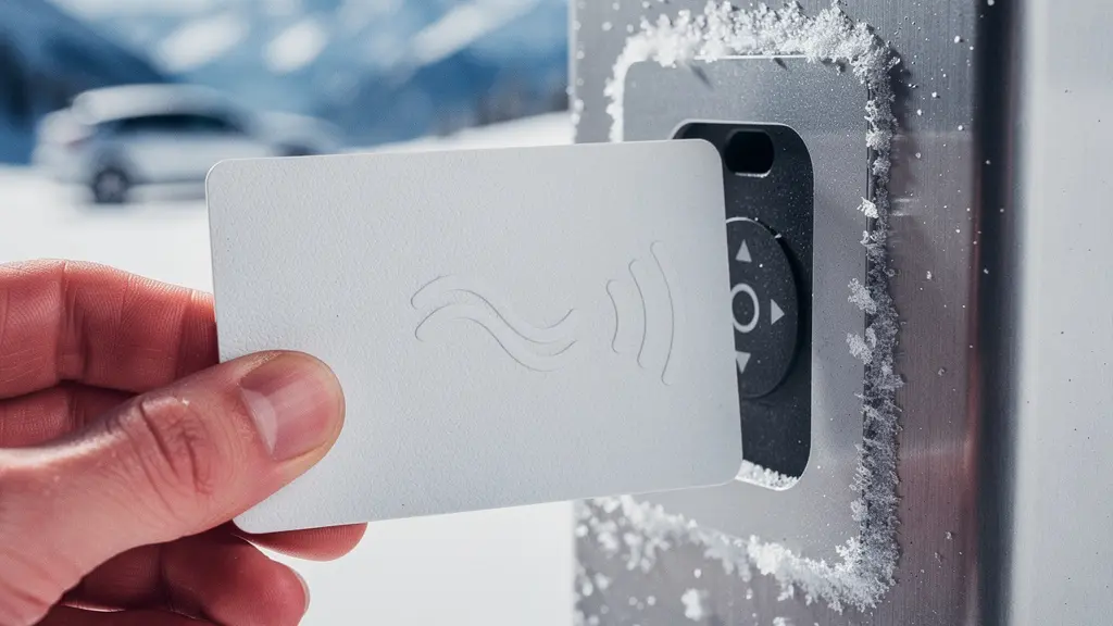 Nahaufnahme einer RFID-Ladekarte an einer Schnellladestation mit unscharfem winterlichen Hintergrund