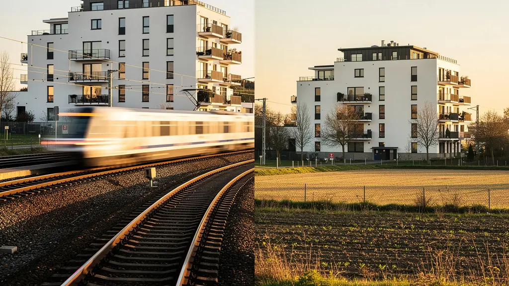 Moderne Wohnsiedlung mit S-Bahn-Station im Hintergrund zeigt Preisunterschiede