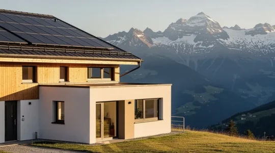 Modernes Minergie-Haus mit Solarpanels auf dem Dach in schweizer Berglandschaft