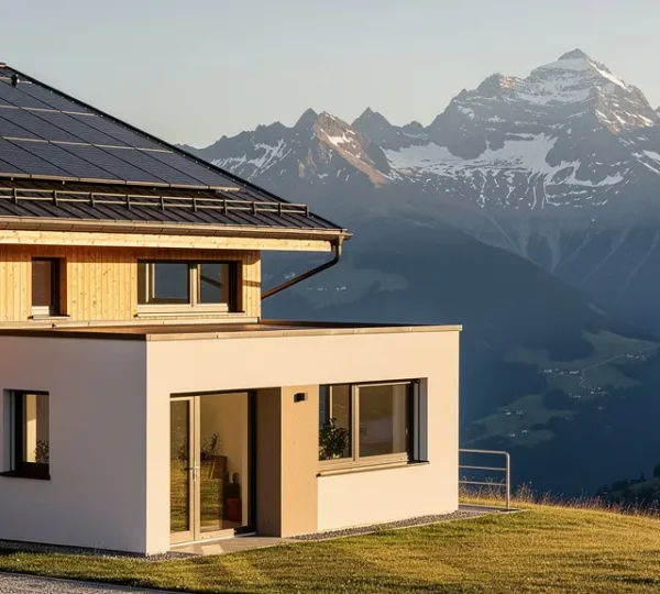 Modernes Minergie-Haus mit Solarpanels auf dem Dach in schweizer Berglandschaft