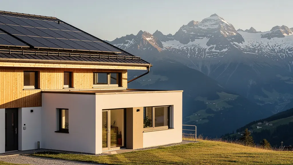 Modernes Minergie-Haus mit Solarpanels auf dem Dach in schweizer Berglandschaft