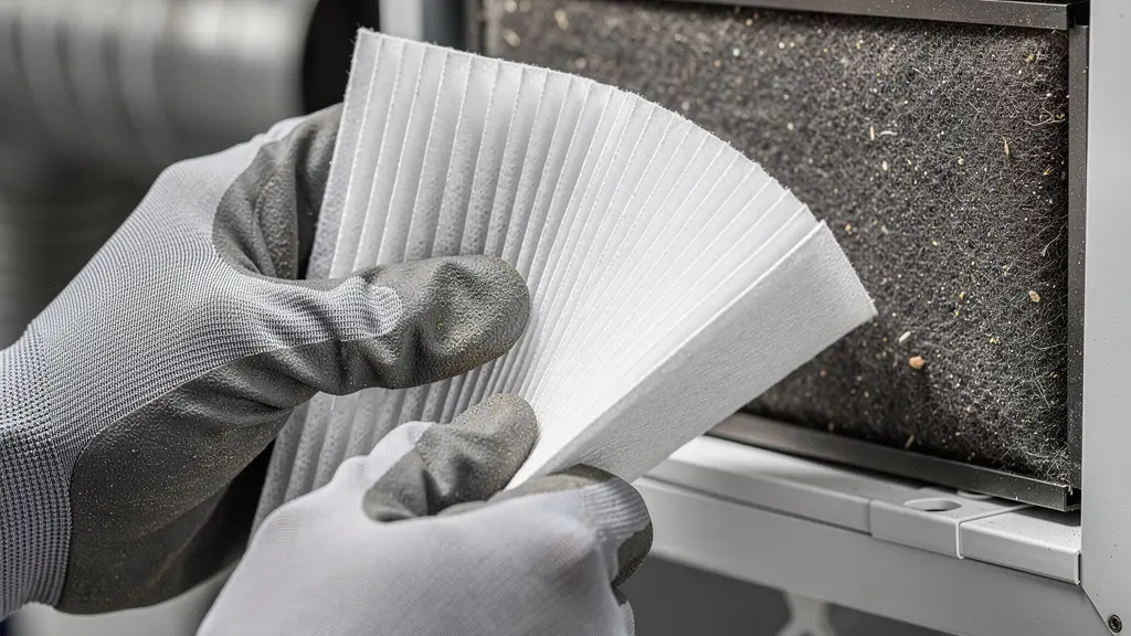 Nahaufnahme einer Hand beim Filterwechsel an einer Minergie-Lüftungsanlage