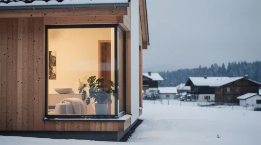 Moderne Minergie-P-Architektur in der Schweiz im Winter: aussen Schnee und kaltes Licht, innen warmes, ruhiges Wohnambiente mit viel leerem Raum fuer eine Ueberschrift.