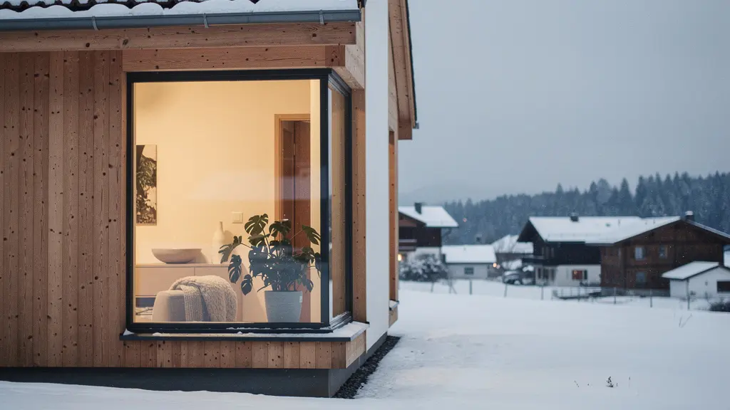Moderne Minergie-P-Architektur in der Schweiz im Winter: aussen Schnee und kaltes Licht, innen warmes, ruhiges Wohnambiente mit viel leerem Raum fuer eine Ueberschrift.