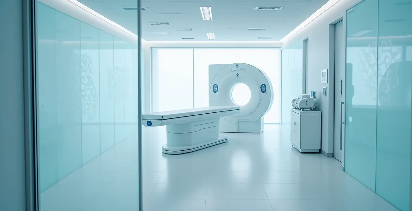 Moderner MRI-Scanner in einem Schweizer Radiologiezentrum aus der Perspektive des Kontrollraums