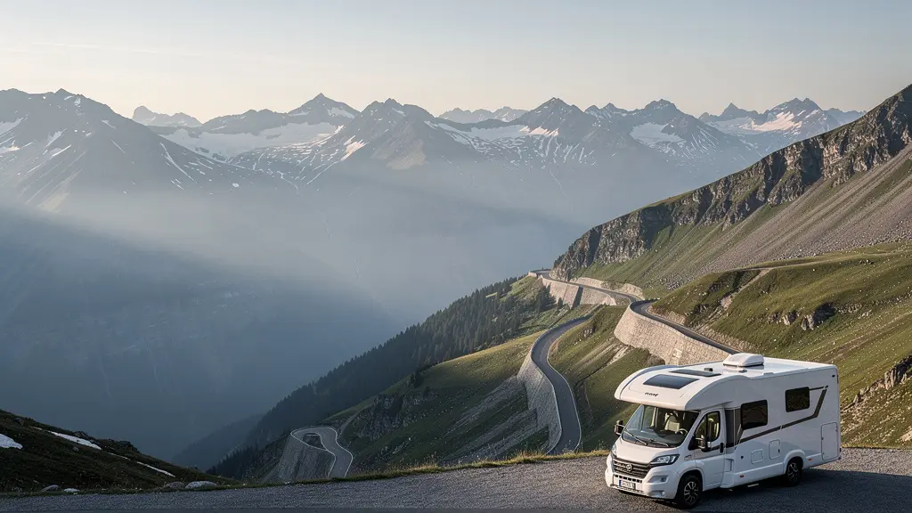 Weite Alpenlandschaft mit einer Passstrasse und einem Wohnmobil in der Ferne; die Szene vermittelt die Entscheidung zwischen zwei Routen und viel ruhigen Negativraum.