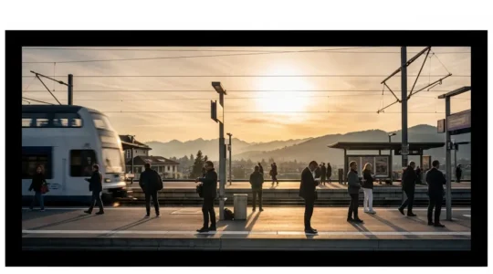 Pendler warten auf S-Bahn im 15-Minuten-Takt am modernen Schweizer Bahnhof