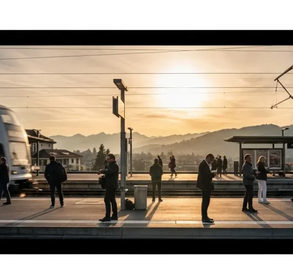 Pendler warten auf S-Bahn im 15-Minuten-Takt am modernen Schweizer Bahnhof