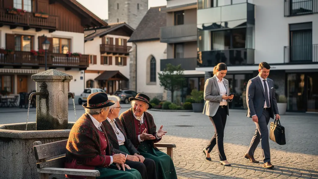 Kontrast zwischen traditionellem Dorfleben und moderner Pendlerkultur in einem Schweizer Dorf.