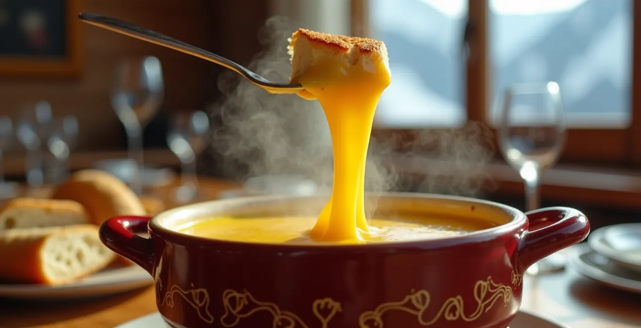 Cremiges Käsefondue im traditionellen Caquelon mit schmelzendem Käse