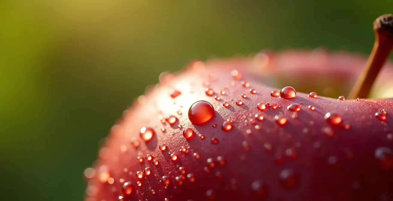 Makroaufnahme von Wassertropfen auf unbehandelter Apfelschale