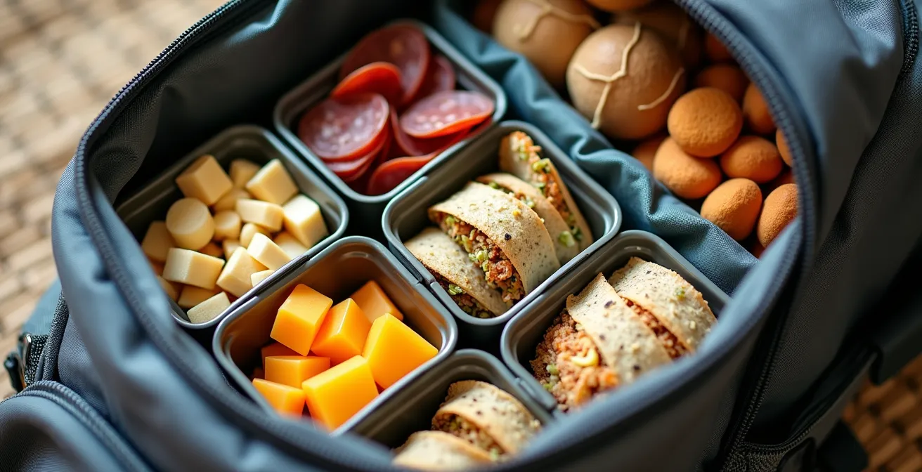 Nahaufnahme eines geöffneten Rucksacks mit ordentlich verpackten Schweizer Snacks und wiederverwendbaren Behältern