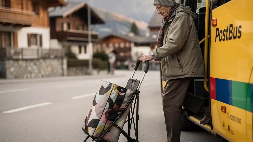 Passagier mit Einkaufstrolley steigt in PostAuto ein
